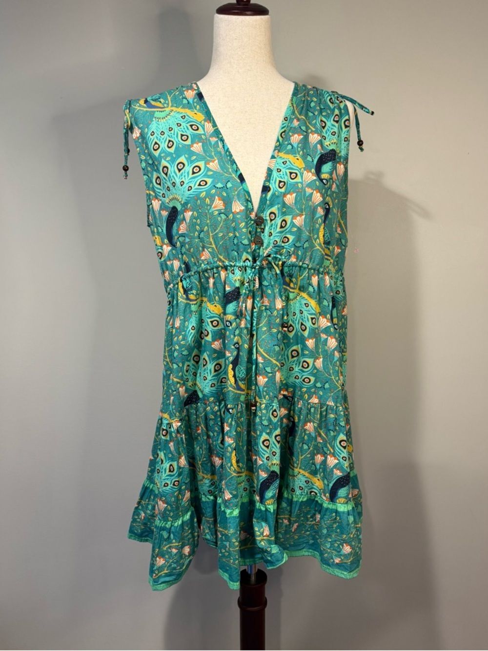 Bindu M Peacock Print Teal Boho Sleeveless Dress V Neck Ruffle Tropical Resort